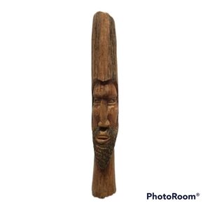 𝅺vintage Hand Carved  Wood Tiki Totem Style Bearded Man Sculptural Art 15" Tall